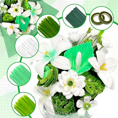 LINAYE 500 PCS Pipe Cleaners Craft, 6 Colors Pipe Cleaners Flowers Kit, Chenille Stems for Crafts with Instruction Wrapping Paper, Flower Stamens, Stems Art and Craft Supplies Green - color: Green