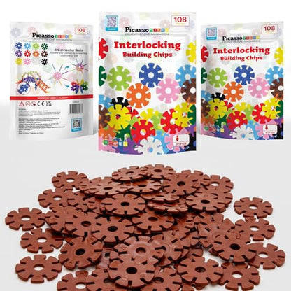 PicassoTiles Building Chip Interlocking Disc Construction Blocks in Brown Color STEM Learning Early Education Toy Engineering Playset Child Brain Development for Toddlers Girls Boys Kids Age 3+ PTF108 - color: Brn