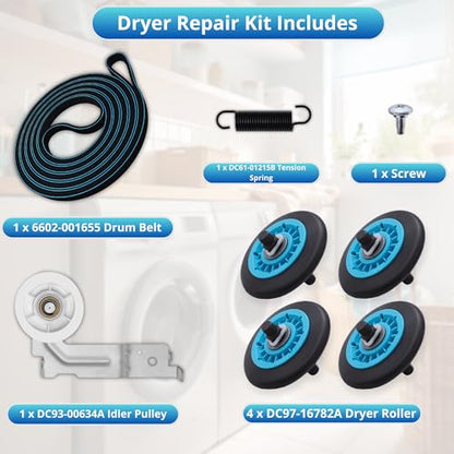 DC97-16782A Dryer Repair Kit For Maytag MDE9700AYW MDE6700AYW MDG9700AWW Samsung DV44AGPXAA DV330AEBXAA01, DC93-00634A Dryer Idler Pulley, 6602-001655 Dryer Belt, Replacement for Samsung Parts
