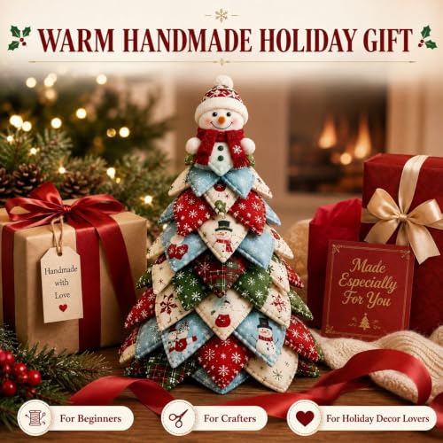 DIY Halloween Christmas Quilted Fabric Tree Kit, 3D Padded Patchwork Sewing Craft Kit for Beginners, Home Office Mantel Shelf Tabletop Decor, Handmade Holiday Gift for Craft Lovers (Christmas #F)