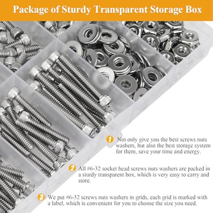 254 Pieces #6-32 x 3/16", 1/4", 5/16", 3/8", 1/2", 5/8", 3/4", 1", Hex Socket Head Cap Screws Nuts Washers Assortment Kit - size: #6-32, style: Socket Head