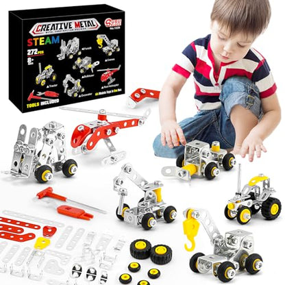 BESTYMXY Stem Building Toys, Metal Construction Vehicles & Helicopter Model kit 6 Models, 272 PCS Building Sets for Boys Age 8-12, Learning Toy Metal Models