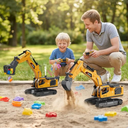 Remote Control Excavator Toy for Boys, 3-in-1 RC Excavator with Alloy Bucket, Breaker & Grapple, Construction Vehicle Toys with Lights & Sounds, 2×1200mAh Batteries, Birthday Gift for Kids 8-12 - size: 1:18 Scale
