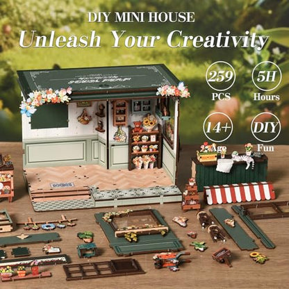 DIY Miniature House Kit for Adults & Teens, Flower Shop Scene Mini House Decor with Touch Switch Light, 3D Wooden Puzzle Gift for Book Lovers & DIY Fans (Aura Verde) - style: Aura Verde