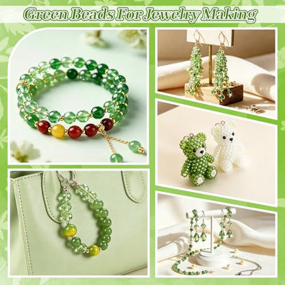 2102 Pcs Green Glass Beads with Elastic String,6mm Round Beads - color: Green D(No Pot & Foam)
