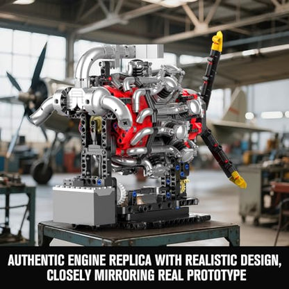 Mould King 10211 Aircraft Engine Model that Works, 1147PCS Transmission Engine Battery/Motor Building Sets, STEM Toy Gift for 14+ Teens & Adults, V8 Engine Series for Display Collection - style: RA Engine