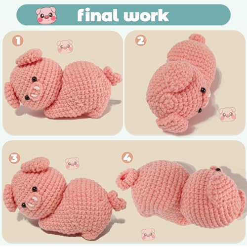JueRum Pig Crochet Kits for Adult,Amigurumi Advanced Crochet Animals Kit with Step-by-Step Video Tutorials, Learn to Crochet Pig Animals Knitting Kit for Adult Crochet Gifts - color: Pink Curvy Hip Pig