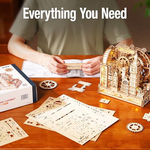 ROKR Marble Travel London, 3D Wooden Puzzles for Adults, Marble Run Kit Adults to Build, 3D Wooden Puzzle with LED, Unique Gift for Men Women