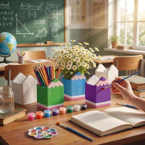 Beeveer 6 Sets Paint Your Own Succulent Planter Ceramic Mini Unpainted Flower Pots Back to School DIY Paintable Succulent Plant Pots for Kids Student Classroom Craft Project Activity - style: Pencil