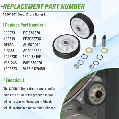 Dryer Repair Kit - 312959 Drum Belt, 303373K 12001541 Dryer Drum Roller Kit Fit for may-tag Dryer LDG8424AAE LDG9304AAM DE212 DE313 LDE8406ACE, LDE8406ACM, LDE8406ADE, LDE8410, LDE8410ACE