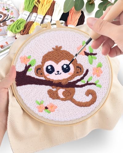 ERKOON Punch Needle Kit for Beginners Adults, DIY Easy Animals Embroidery Set for Starter Art Craft, Needling Punch Project with Patterns, Tools, Yarns, Hoop, Instruction (Monkey) - color: Monkey
