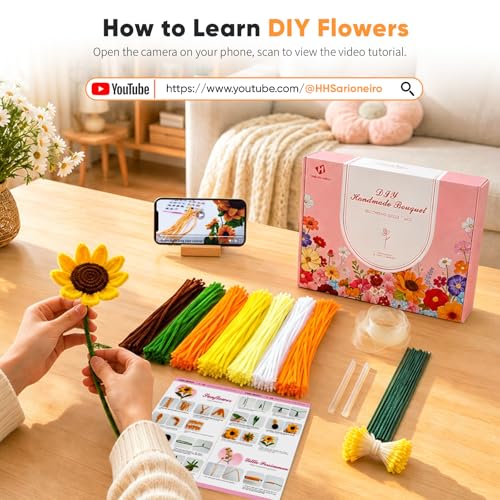 HHSarioneiro 550 Pcs Pipe Cleaner Flower Kit, Complete DIY Flower Bouquet Making Kit, 7 Beautiful Colors, 15 Flower Designs with Step-by-Step Video Tutorials, for Teen Girls and Craft Lovers - color: Yellow