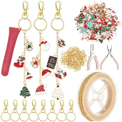 VioraWhite 213 Pcs Christmas Theme Lip Gloss Keychain Making Kit 100 Pink Enamel Charms 32.81 ft Gold Chains for DIY Crafts Women - style: Christmas Theme
