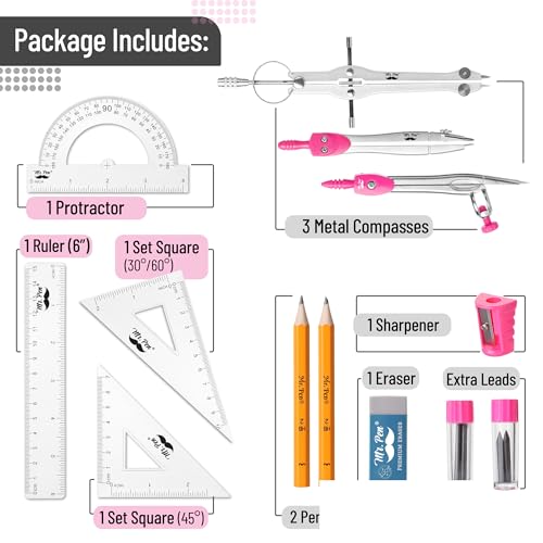 Mr. Pen- Geometry Set, 13 pcs, 3 Metal Compasses, Protractor, 6" Ruler - color: Pink
