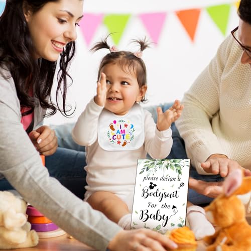 Chuarry 43 Pcs DIY Baby Bibs Decorating Kit 8 Bodysuits 8 Pcs 2 Ply White Bibs 10 Fabric Markers 16 Stencils Baby Shower Sign (Greenery) - style: Greenery