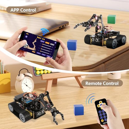 4 in 1 Robotics for Kids Ages 12-16, Smart Robot Arm with 5DOF + Tank Car, STEM Toys Compatible with Arduino & Scratch & Python, App & Remote Control, Gift for Kids & Teens & Adult - color: Black-a