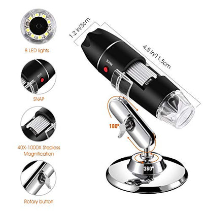 USB Digital Microscope 40X to 1000X, 8 LED Magnification Endoscope Camera with Carrying Case & Metal Stand, Compatible for Android Windows 7 8 10 11 Linux Mac (Not for iPhone/iPad)