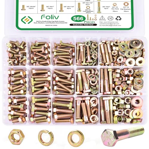 FOLIV 566Pcs Heavy Duty Bolts and Nuts Assortment Kit, Grade 8 Hex Screws Bolts Nuts Kit, 1/4-20 5/16-18 3/8-16, 15 Common Sizes Included - size: 566PCS 1/4-20 5/16-18 3/8-16