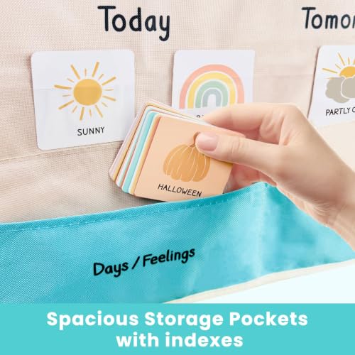 Classroom Boho Calendar & Weather Pocket Chart with 111 Cards, Circle Time Learning Center for Kids and Toddler, Preschool Must Haves! - color: bright Boho