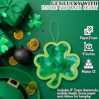 Fun Express St Patricks Day Crafts for Kids - Shamrock Suncatcher Kit Makes 12 Window Art Projects | Tissue Paper Craft Kit for Classroom Activities, Parties & Home | Ages 3+ Easy DIY