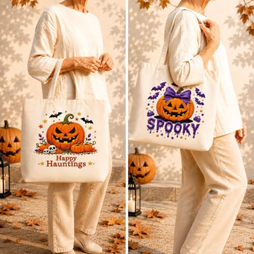 ARTopet Embroidery Tote Bag Kit for Beginners Halloween Canvas Cross Stitch Handbag with Hoops Needles Threads Reusable Grocery Bag for Women-Ghost Pumpkin - color: Ghost Pumpkin