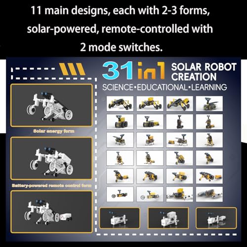 STEM 31-in-1 Educational Solar Remote Control Toy, Suitable for Boys Aged 8-14, Science Experiment Building Block Robot Toy, with Dual-Mode Switching Between Solar Power and Remote Control