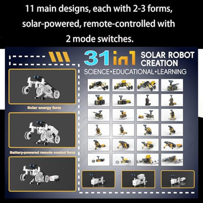 STEM 31-in-1 Educational Solar Remote Control Toy, Suitable for Boys Aged 8-14, Science Experiment Building Block Robot Toy, with Dual-Mode Switching Between Solar Power and Remote Control