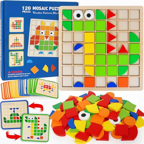 Wooden Stacking Puzzle Toy,120 Pcs Colorful Pattern Blocks Set Geometric Shape Puzzles for Kids Ages 3+, Montessori Preschool Educational STEM Puzzle Toys for Classroom Learning Kindergarten