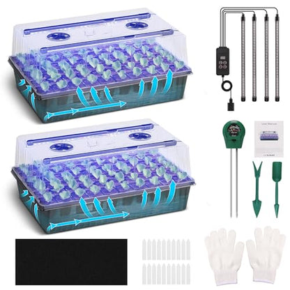Seed Starter Tray with Grow Light, 2 Pack 120 Cells Seedling Tray Kit with 3-in-1 Soil Moisture Meter, Indoor Seedling Starter Tray for Plant Germination, Seeds Growing