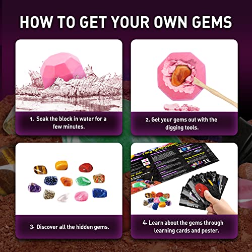 Gem Mining Kit, 12 Crytal Rock with Tools, STEM Toy 6-12 - color: Gemstone Dig Kit
