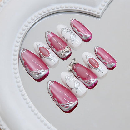 Almond Press on Nails Short Pink Fake Nail Silver Embossed Acrylic Nail Press ons with Rhinestones Stick on Nail for Women 24pcs - color: Color37