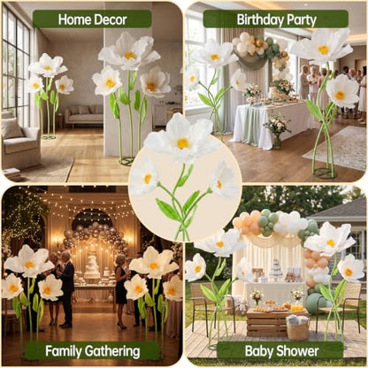 Moxweyeni 3 Pcs 5.5 ft Giant White Poppy Paper Flower DIY Kit with Stand - color: White, style: Poppy
