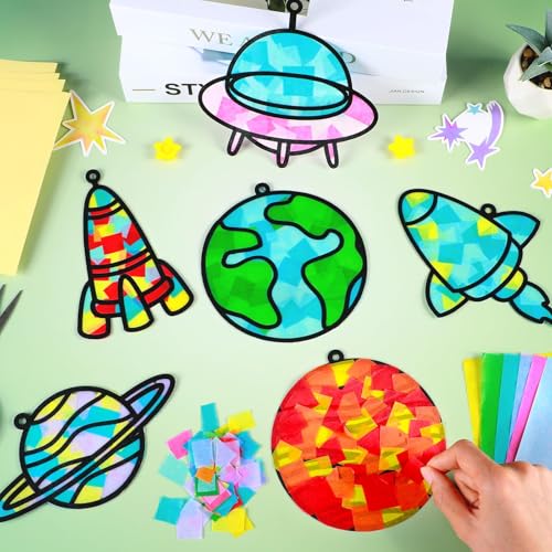 Qyeahkj 36 Set Outer Space Suncatchers Crafts for DIY Solar System Window Tissue Paper Craft Kit Space Hanging Decor for Planet Home Activity Art Project Birthday Party Favor Gift - style: Outer Space