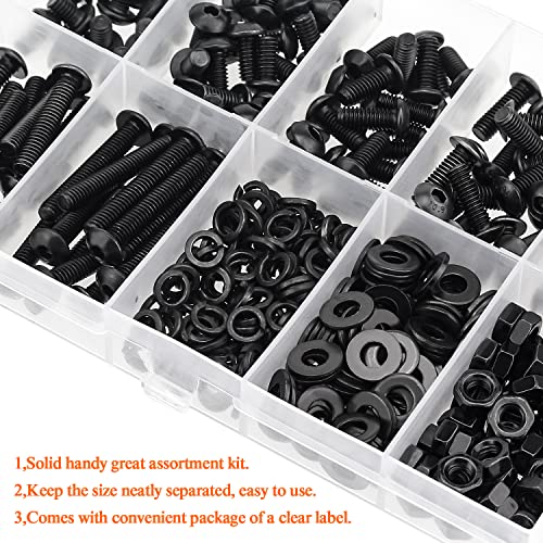 HELIFOUNER 380 Pieces M4 x 5mm /6mm /8mm /10mm /12mm /16mm /20mm, Button Head Socket Cap Screws Bolts Washers Nuts Kit, 10.9 Grade Alloy Steel, Full Threaded, Black - size: M4, style: Button Head