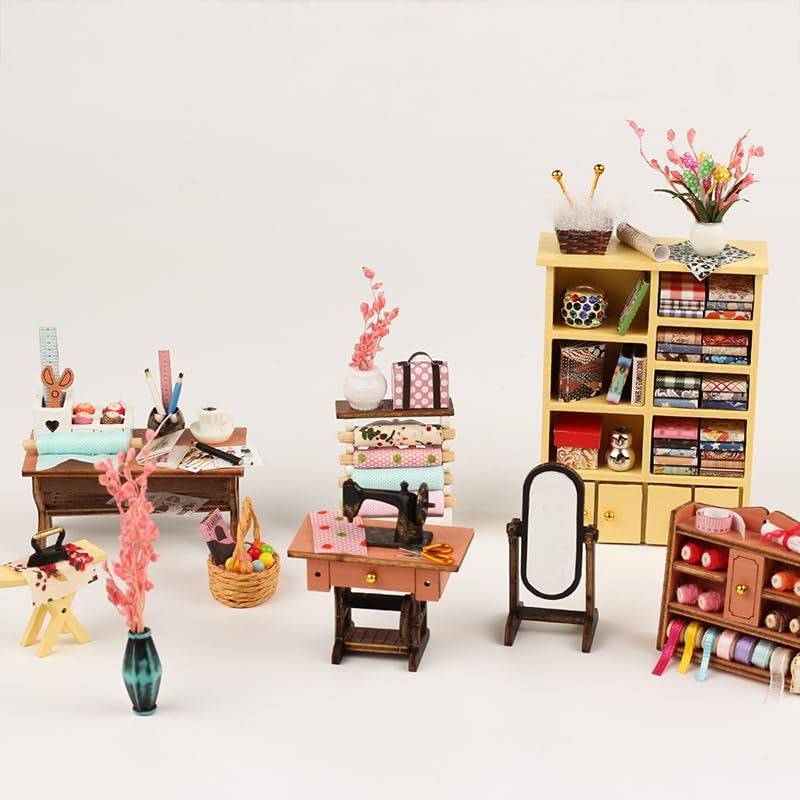 Tailor Shop DIY Miniature House Kit, Wooden Dollhouse with LED for Adults - style: Tailor Shop