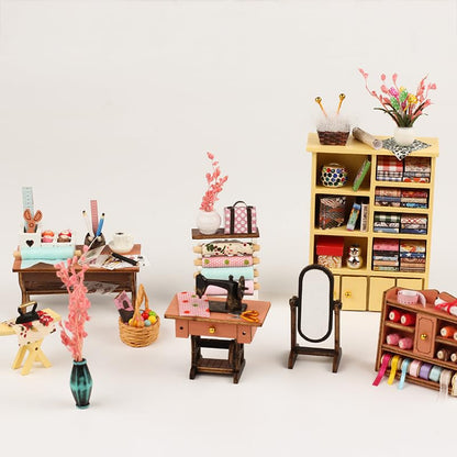 Tailor Shop DIY Miniature House Kit, Wooden Dollhouse with LED for Adults - style: Tailor Shop