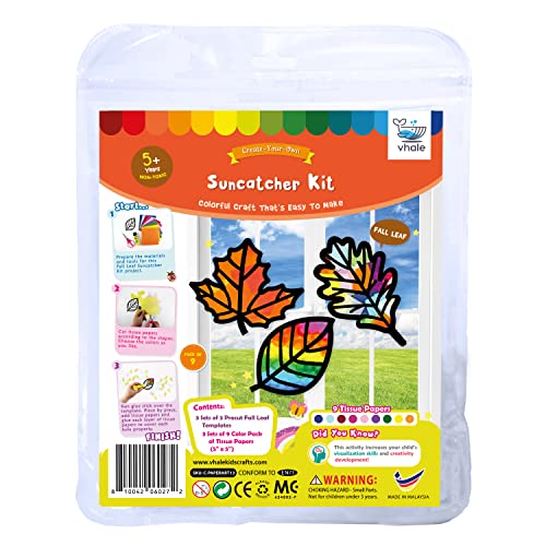 VHALE Suncatchers Craft 3 Sets (9 Cutouts) w Tissue Papers Stained Glass Effect Paper Sun Catcher Kit, Window Art, Classroom Crafts, Creative Art Projects, Kids Party Favors (Fall Leaf) - style: Fall Leaf