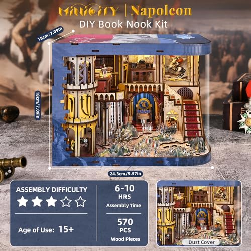 MiniCity Napoleon DIY Book Nook Kit, Wooden 3D Bookshelf Model with LED - color: Napoléon