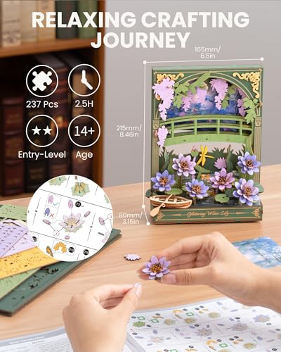 rowood Water Lily 3D Puzzle Building Set with LED,DIY Monet Wall Art Craft Kits for Adults,Home Decor Botanical Collection Gift on Christmas - style: Glittering Water Lily