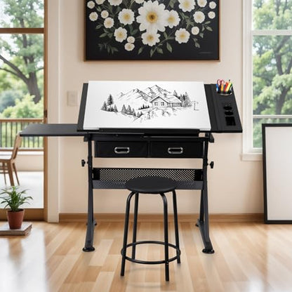 ZENY Adjustable Drafting Table with Stool Tilting Drawing Desk Artist Table - color: Black