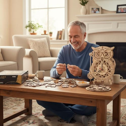 ROKR 3D Wooden Puzzle Owl Clock for Adults, Mechanical Gear Wooden Building Model Kit for Adults, DIY Craft Gift for Home Decor