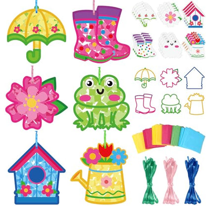 Feifeiya 24 Set Back to School Suncatcher Crafts, DIY Tissue Paper Kit Flower Umbrella Rain Boot Hanging Decor Window Art for Back to School Vbs Home Activity Party Favors(Rainy) - style: Spring Rainy