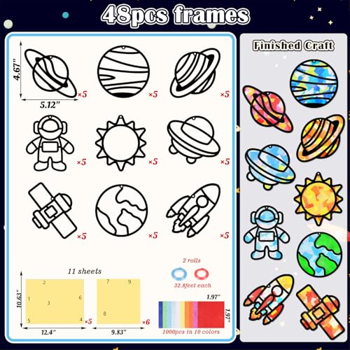 Renbuzhu 48PCS Solar System Space Paper Suncatchers DIY Project Kits, Back to School Window Stained Glass Effect Art Supplies for Party - style: space