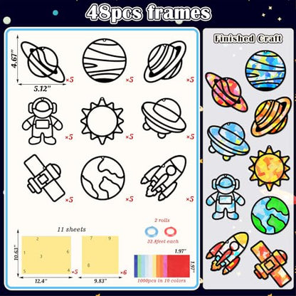 Renbuzhu 48PCS Solar System Space Paper Suncatchers DIY Project Kits, Back to School Window Stained Glass Effect Art Supplies for Party - style: space