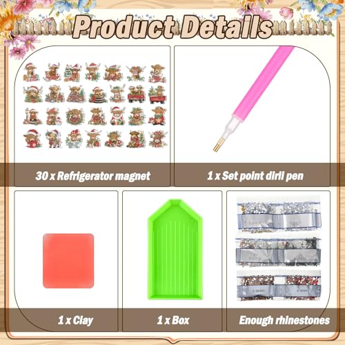 Remuuly 30 Pcs Christmas Diamond Painting Magnets Diamond Art Kit for Adult - color: Highland Cow