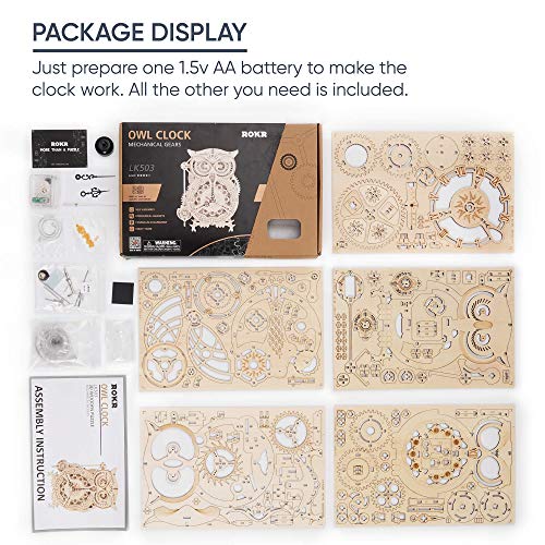 ROKR 3D Wooden Puzzles for Adults Mechanical Clock Kits - Owl Clock, DIY Model Building Kits Educational Brain Teaser Puzzles, Crafts/Hobbies/Gifts Desk Decor for Teens