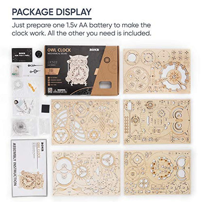 ROKR 3D Wooden Puzzles for Adults Mechanical Clock Kits - Owl Clock, DIY Model Building Kits Educational Brain Teaser Puzzles, Crafts/Hobbies/Gifts Desk Decor for Teens