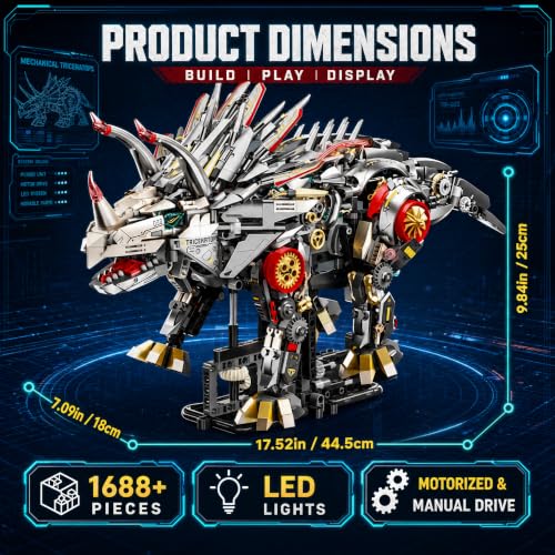 Mechanical Triceratops Dinosaur Building Kit, 1688 Pcs Motorized Walking STEM Toy with 2-in-1 Manual & Electric Battery Motor, LED Lights, Movable Joints, Gift for Kids & Adults