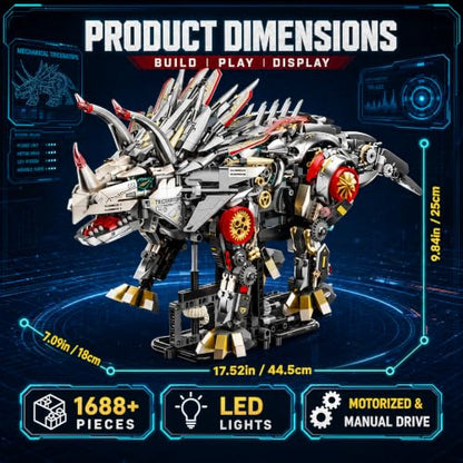 Mechanical Triceratops Dinosaur Building Kit, 1688 Pcs Motorized Walking STEM Toy with 2-in-1 Manual & Electric Battery Motor, LED Lights, Movable Joints, Gift for Kids & Adults