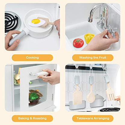 Costzon Kids Kitchen Playset, Wooden Toddlers Toy Kitchen with Light & Sound, Microwave, Ice Maker, Oven, Sink & Faucet, Cooking Accessories, Pretend Play Kitchen, Gift for Boys Girls Age 3+ - color: White